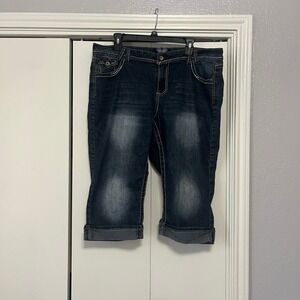 Angels Forever Young Dark Wash Rhinestone Thick Stitch Denim Capris Size 20W